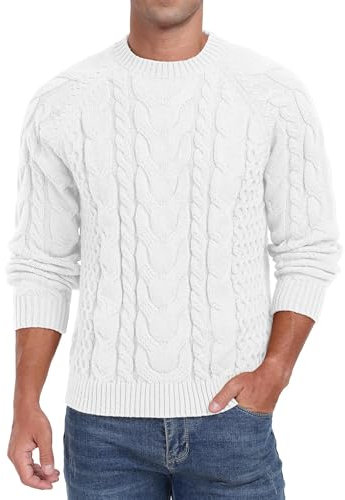 QIXING Men's Cable Knit Jumper Crew Neck Sweater Soft Casual Long Sleeve Textured Knitwear Tops for Men UK (White, XL)