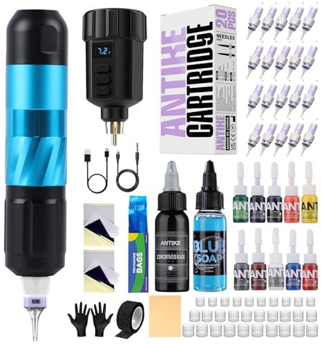 Tattoo Maschine Set Kabellos,Tattoo Kit mit 1500mAh LED-Digitalanzeige Tattoo Akku 20stk Tattoo Nadeln 11 Tattoo Farbe,Tattoo Starter Set Komplett für Anfänger und Tattoo Künstler