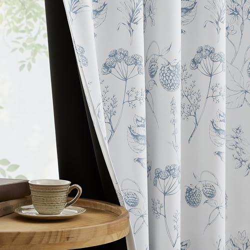 FMFUNCTEX Verdunkelungsvorhänge mit Blumenmotiv, 244 cm lang, für Schlafzimmer, blau-weiße Blumenvorhänge für Wohnzimmer, Landhaus, Stangentasche, Laschen, Raumverdunkelung, wärmeisoliert, 2 Paneele