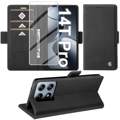 Giyer für Xiaomi 14T Pro 5G Hülle mit Schutzfolie, Handyhülle für Xiaomi 14T Pro 5G PU Leder Wallet Flip Case, Schutzhülle für Xiaomi 14T Pro 5G Klapphülle Tasche Kartenfach Standfunktion (Schwarz)