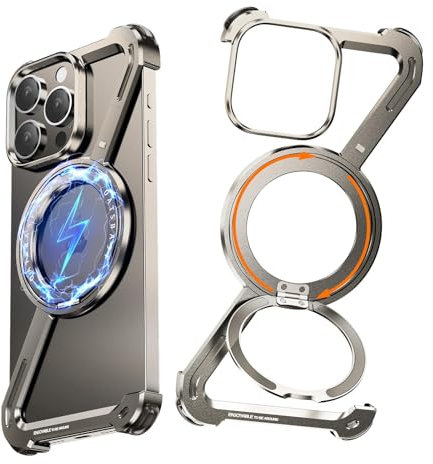 NIFBANG Z Shape für iPhone 15 Pro Max Rahmenlose Hülle,mit 360°Magnet Ständer,Militärnorm Schutz Magnetisch HandyHülle,für iPhone 15 Promax Metall Case,Stoßfest Kratzfest Schutzhülle,Titan Natur