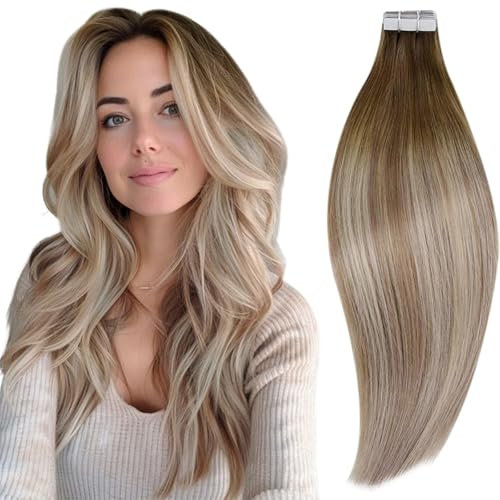RUNATURE Tape Extensions Echthaar Ombre Braun Blond 30cm 20stück Echthaar Extensions Tape Balayage Braun Blond Menschliches Haar Tape Extensions Echthaar 30g #3/8/22
