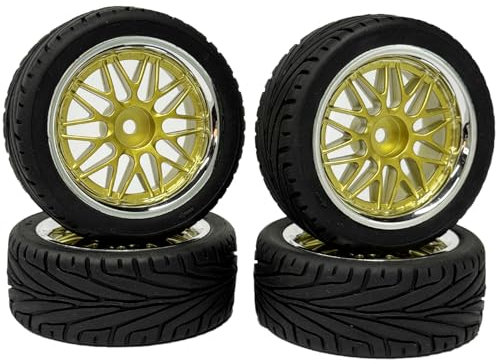 KINGCOO RC Auto Reifen und Räder Set, 4Stück 65mm Gummireifen und Kunststoffbeschichtung Räder 10Y Speichen Felgen 12mm Hex für 1/10 RC On-Road Touring Racing Auto Ersatzteil (Gold Silber)