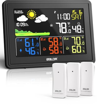 BALDR DCF - Stazione meteo a colori con 3 sensori esterni, stazione meteo con previsioni meteo, termometro digitale per interni ed esterni, barometro e allarmi personalizzati