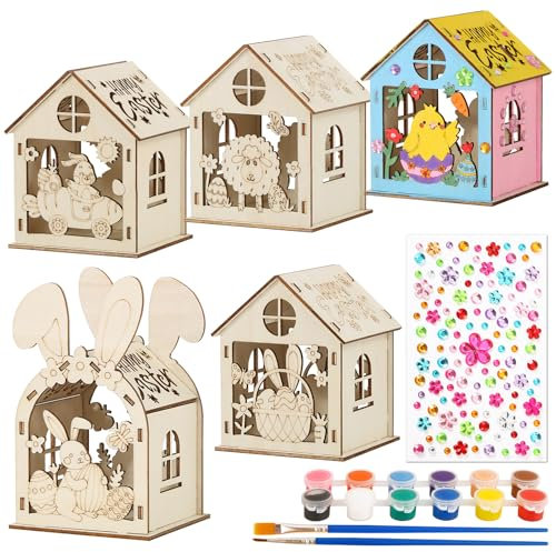 BOFUNX 5 Stücke Ostern Holzhaus Basteln Kinder Holz Ostern Bastelset zum Basteln und Bemalen Ostern Haus Deko Tischdeko für Ostern DIY Kinder Geschenk