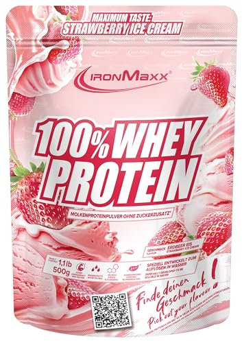 IronMaxx 100% Whey Protein Pulver 500g - Strawberry Ice Cream | Cremiger Eiweißshake mit BCAAs & EAAs | High Protein, Low Carb & zuckerarm | Ideal für Muskelaufbau & Fitness