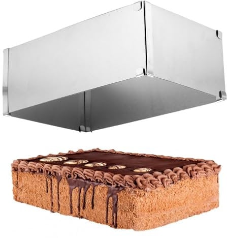 Backrahmen - Tortenrahmen 28 bis 53 x 18 bis 32 x 10cm - Edelstahl - Verstellbare Kuchenform mit Teiler, für gleichmäßiges Backen und Schichttorten - Ideal für Kuchen, Desserts, Backen (Silber)