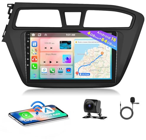 Hikity 8 Core 4+64GB Android 15 Radio Coche para Hyundai i20 2015-2018 Radio Wireless CarPlay Android Auto Mirror Link BT 9 Pulgadas Pantalla Táctil Mirror Link WiFi GPS DSP FM RDS