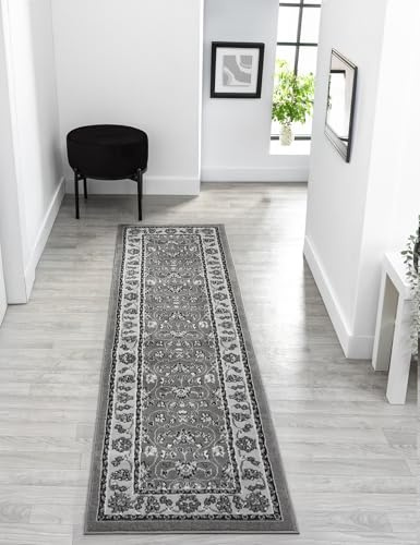 Obsidian Abstract Traditional Modern Runner Low Pile Rug, Grey, 60x220cm