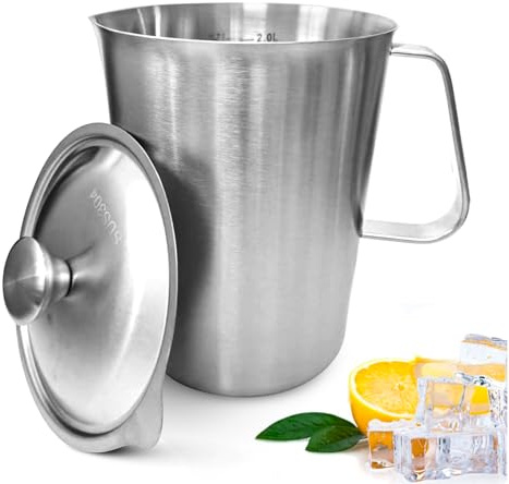 70 oz Stainless Steel Pitcher with Lid, Metal Measuring Cup with Marking with Handle, 2 L Large Mouth Graduated Beakers, Milk Frothing Jug for Espresso Machines, Latte Art, Iced Tea, Hot/Cold Water