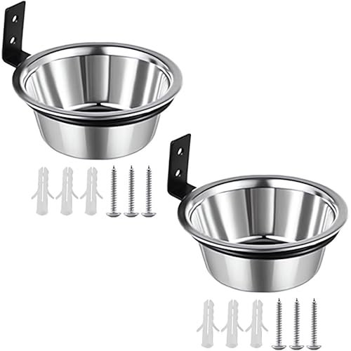 2Pcs Wall Mounted Dog Bowl Hanging Dog Food Bowls Stainless Steel Puppy Feeder Water Dispenser with Foldable Holder for Pet Cat Dogs (M)