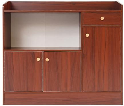 Küchenschrank mit Arbeitsplatte, Sideboard-Küche mit Mikrowellenregal, Küchenkommode mit 1 Schubladen, 3 Tür, Sideboard, Buffetschrank für Küche, Esszimmer, Wohnzimmer 90x30x80 cm (Sandelholz Farbe)