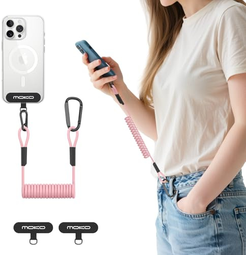 MoKo Handyband mit Karabiner, ausziehbar bis 80 cm, Rosa | Elastischer Fallschutz mit Patch für voll abdeckende Hüllen; geeignet für Wandern, Radfahren, Angeln und Klettern.
