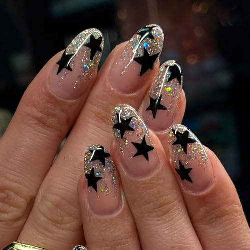 RUNRAYAY Silver Bling Press on Nails Medium Almond, Black Star Design Reusable Acrylic Fake Nails, Stick on Nails, Daily Wear Nails for Women