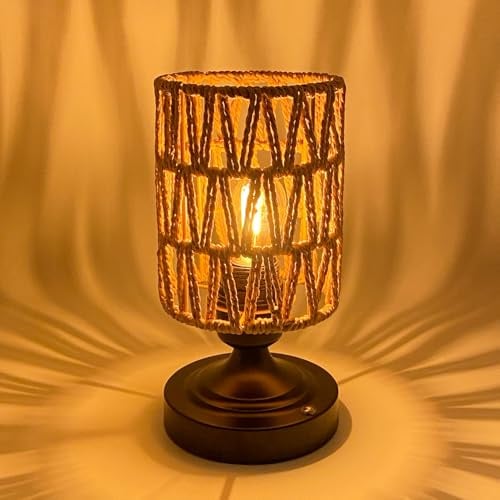 Kabellos Nachttischlampe Boho Rattan Tischlampe Akku Schreibtischlampe Led Tischleuchte Campinglampe Lampe ohne Strom USB Aufladbar Stufenlos Dimmbar Tischlampen für Wohnzimmer Schlafzimmer