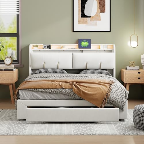 NSXSBUZ Gepolstertes Bett 140 x 200 cm, Jugendstil, Doppelbett, Juniorbett, LED mit 1 Schublade. Matratze nicht im Lieferumfang enthalten. (Bruch und Weiß, 160 x 200 cm)