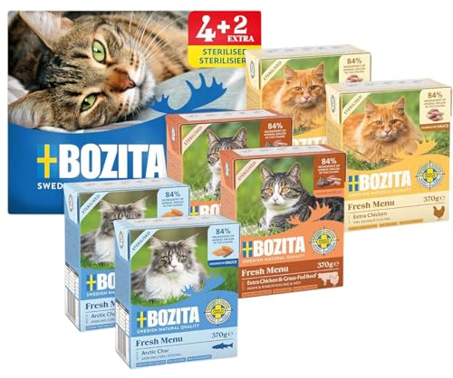 Bozita Tetra Probierpaket in Sauce mit viel Huhn, Saibling & mit viel Huhn & Rind in Gelee - 4+2-6x370g Getreide- & zuckerfreies Futter für sterilisierte Katzen, mit 7,5% Protein und 5% Fettgehalt