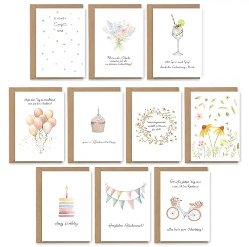 10er Aquarell Geburtstagskarten Set Mit Umschlag, Premium DIN A6 Geburtstagskarte Set Klappkarten, Happy Birthday Karte, Schöne Glückwunschkarten Geburtstag, Geburtstagskarte Frau und Mann