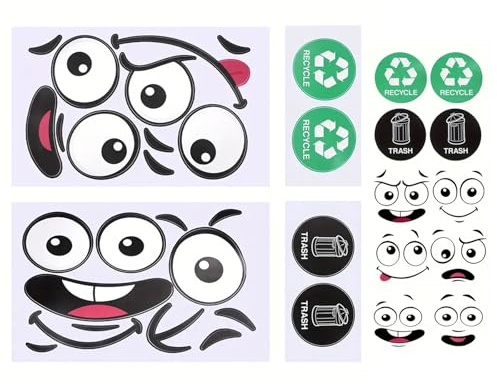 PLUSHCEWT Funny Wheelie Bin Stickers 4 Pack with Recycling Stickers - Large Self-Adhesive Cartoon Expressions for Dustbins Decorative Sticker Decals for Bins Trash Cans Waterproof Indoor Outdoor