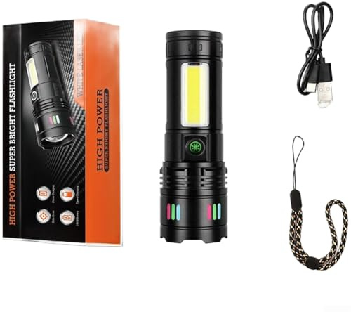 Rechargeable LED Flashlight with Telescopic Zoom, Ultra BRIGHTs 500m Range Torch, Dual Light Source COB Side Light, Multiple Modes, for Camping Hiking Outdoor(X706-3)