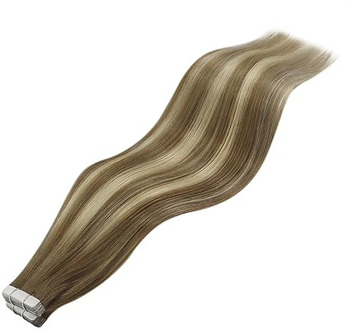 Tape in Extensions Echthaar Ombre 60 cm Echthaar Extensions Tape Hellbraun mit Blond Tape Extensions Echthaar Lang Nahtlos Tapes Haarextension Remy Hair Extensions Tape in 50g #8A/60/8A