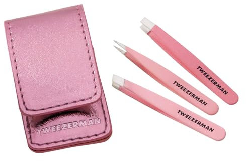 TWEEZERMAN Micro Mini Pinzetten Set (3 Teilig, Augenbrauenzupfen in Reisegröße, Gerade, Schräge und Präzisionsspitze), Pink