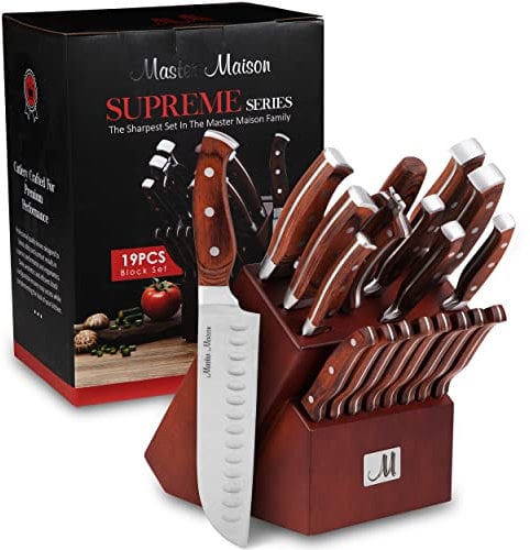 19-teiliges Premium Küchenmesser-Set mit Holzblock | Master Maison Besteck aus deutschem Edelstahl mit Messerschärfer und 8 Steakmessern
