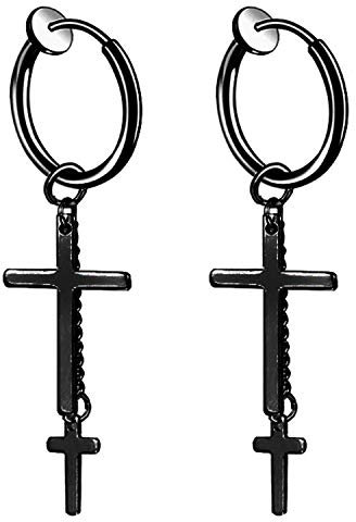 JewelryWe Schmuck Herren Damen Ohrringe Edelstahl Ohrstecker doppelt Kreuz Kette H?ngend Huggie Creolen Ohrringe Ohr-Piercing Ohrh?nger, Schwarz
