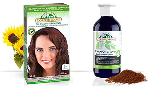 Pack Coloracion CHOCOLATE 5.7 Permanente 140ml + Champu Henna NEGRO 300ml - Tinte sin amoníaco, resorcinol ni parabenos. Los champús a la Henna potencian la durabilidad del color
