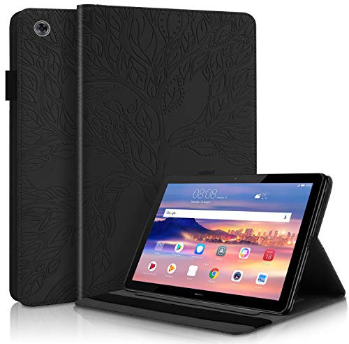 CaseFun Funda para Huawei Mediapad T5 10 Árbol de la Vida Carcasa Cover Soporte Múltiple Ángulo y Bolsillo de Documento, Negro