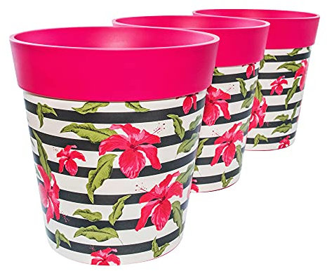 Hum Flowerpots, set of 3 pink plastic hibiscus stripe, colourful planters indoor/outdoor pots 22cm x 22cm (14 designs available)