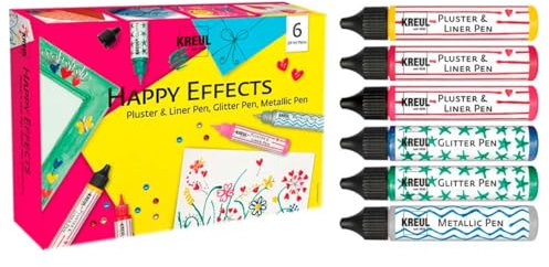 KREUL 49832 - Happy Effects Set, 6 Verzier- und Effektfarben, 3 Pluster & Liner Pens, 2 Glitter Pens und 1 Metallic Pen, zum kreativen Gestalten für Kinder und Erwachsene, Bunt