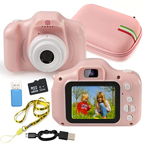An ShopTo Kinderkamera Rosa Doppelkamera Full HD 20 MP Zoom 8 X mit Micro SD 32 GB Schutzhülle aus Gummi stoßfest wasserdicht Geschenkidee Geburtstag für Kinder von 3-8 Jahren