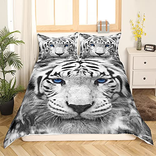 Sunnybed Weißer Tiger Bettwäsche Set 155x220 3D Animal Print für Kinder Jungen Teens Bettbezug Set Chic Wild Animal Skin Design Tiger Trösterbezug Big Cat Wild Animal Room Decor
