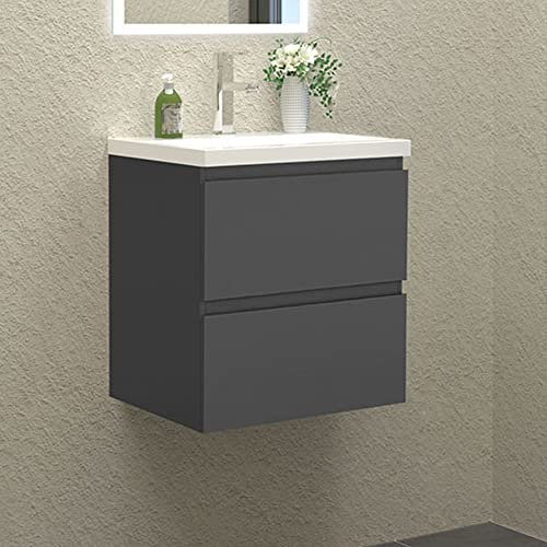 HAPAOSO Waschbecken mit Unterschrank Badezimmer 50 cm Breit Badmöbel Set mit Waschbecken und 2 Soft-Close Schubladen Waschtisch Unterschrank Grau für Badezimmer Hängend