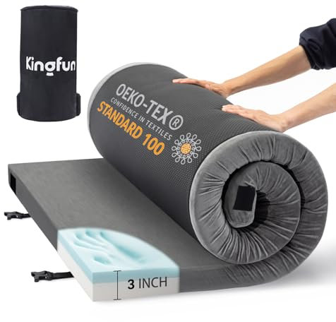 Kingfun CertiPUR-US Camping-Matratze aus Memory-Schaum, wasserdicht, aufrollbar, für Erwachsene, bequeme, dicke Boden-Schlafmatten für Auto, LKW, Zelt mit abnehmbarer Reisetasche