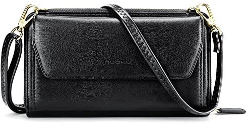 nuoku Geldbörse Damen mit RFID, Kleine Portemonnaie Damen mit Kreditkarten Etuis, Handytasche zum Umhängen mit Reißverschluss um 2 Riemen (Schwarz)