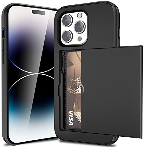 ACOCOBUY for iPhone 14 Pro Case with Card Holder Sliding Cover Hidden Pocket IDs Credit Cards Slot Heavy Duty Shockproof Protective Dual Layer Wallet Phone Cover Back Shell for Men Women 6.1inch Black