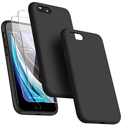 Dssairo [3-in-1 für iPhone SE Hülle 2022/3rd/2020/2nd gen, iPhone 7/8 Hülle, mit 2 Displayschutzfolien, Flüssigsilikon, ultradünn, stoßfest, Schutzhülle [Mikrofaser-Futter] (schwarz)