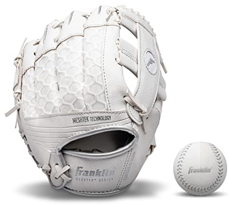 Franklin Sports Kids Baseball Gloves - Meshtek Child's Tball Glove + Ball Set - Boys + Girls Teeball Mitt Set - Kids Right Hand Throw - 9.5 - White/Chrome