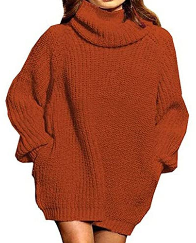 Pulloverkleid mit Rollkragen Damen Langarm Oversize Strickpullover Casual Loose Strickwear Sweater Knit Tops für Winter(m-Bräunlichrot)