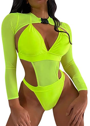 Women's Rave Outfits 2 Piece Cutout Bathing Suit Swimsuit Monokini Bodysuit Long Sleeve Shrug Crop Top Festival Holiday Clothes Fluorescent Green S