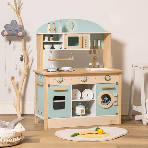 ROBOTIME Kids Kitchen Wooden Play Kitchen Playset with Cooking Utensil Toys, Pretend Role Play Toys Kitchen for Girls Boys Ages 3+ (Blue)