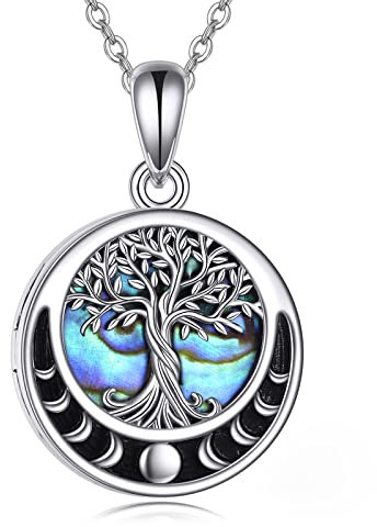 YAFEINI Mondphase Baum des Lebens Medaillon Halskette Sterling Silber Medaillon Halskette, die Bilder Mondphase Baum des Lebens Schmuck Geschenke für Frauen Frau Freundin hält