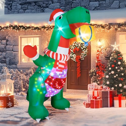 Wothfav 8FT Inflatable Dinosaur Christmas Outdoor Decorations, Giant Blow Up Dinosaur with Gift Box, Build-in Colorful LED Lights for Indoor Outdoor Holiday Party Garden Patio Lawn Decoration