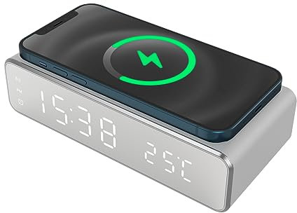 Techmade - Réveil numérique avec Charge sans Fil | Alarme réglable | Écran LED Ajustable | Veilleuse intégrée | Compatible iPhone, Samsung, Xiaomi, Pixel | Blanc