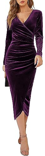 Joligiao Abiti Donna Eleganti per Matrimonio, Abito di Velluto Abito Invernale Donna Scollo a V Abito da Festa Abito Lungo da Cocktail Abito di Velluto Abito di Natale Donna Abiti Festivi Velluto