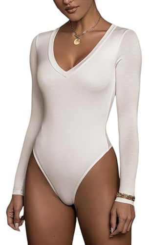 Rongseng Body Femme Manches Longues Sexy Col en V Bodysuit Top Slim Fit Jumpsuit Stretch Justaucorps Chic Haut Shirt Blouses Élégante Couleur Unie Combinaison Combishort Casual Playsuit Clubwear