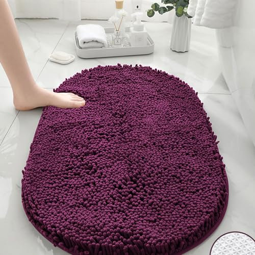 Mateju Tapis de Bain Antidérapant, Ovale Tapis Salle de Bain Absorbant en Microfibre Chenille Tapis de Douche, Doux et Confortable Tapis de Sol Lavable (50x80CM,Pourpre d'Ume)