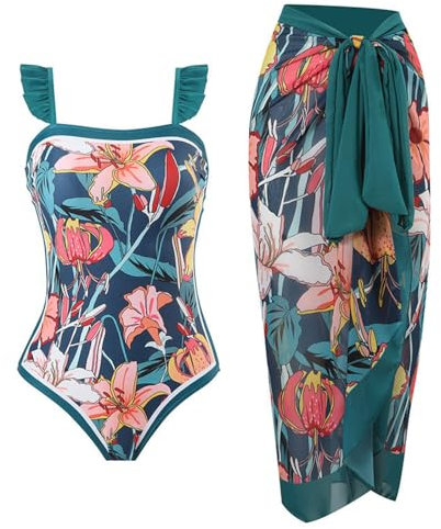 TOKYMOON Zweiteiliger Damen Badeanzug Sport v Ausschnitt Vintage Badeanzüge Damen Sexy high Waist Badeanzug Swimsuit Bademode Strandkleid Push up Retro Badeanzug Monokini Bauchweg Grüne Lilien M